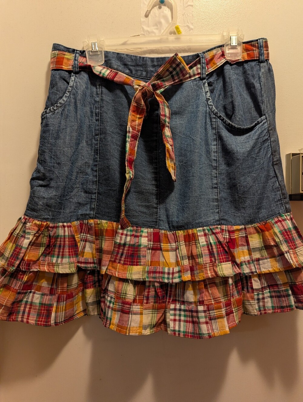 Young Threads Women's XL Plaid-Trim Denim Ruffle Skirt With Belt NWT